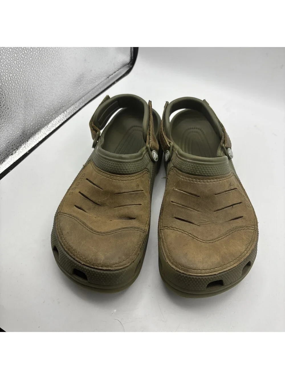Mens Crocs Yukon Leather Clogs Khaki Coffee Brown Adjustable Shoes Size 10